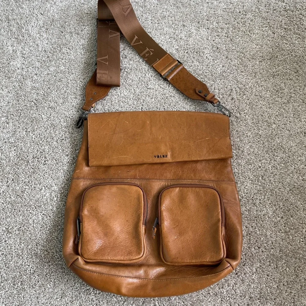 Velez Messenger Bag Mens Large Brown Leather Crossbody Adjustable Strap Pockets